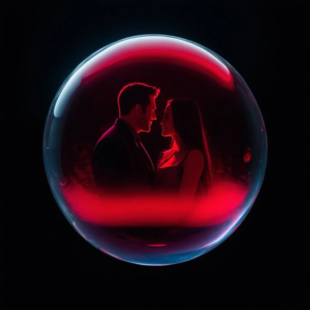 a dark red bubble floating in dark air, a reflection of a couple in love showing in the bubble