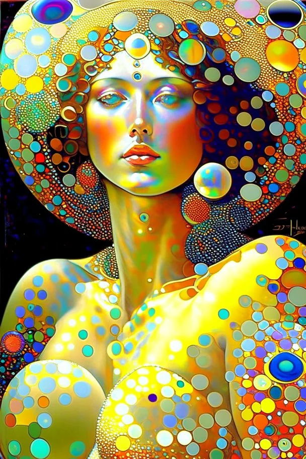 Behold a magnificent specimen of femininity a lady whose iridescent orbs are unparalleled in their supreme breathtaking loveliness with each individual orb a work of art possessing a unique and aweinspiring hue, multicolored patterns on her skin, styled after gustav klimt's "golden phase, " the lighting is warm and soft, with a hint of sunlight filtering through a window, emphasizing the lavish details of the painting, digital painting created using stable diffusion, with inspiration drawn from