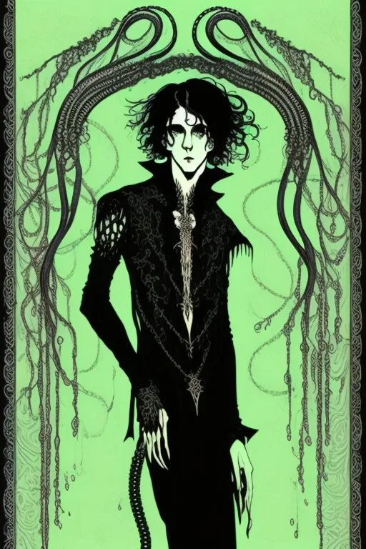 black haired young man necromancer wizard with gothic jewelry and tentacle fingers in the style of Harry Clarke