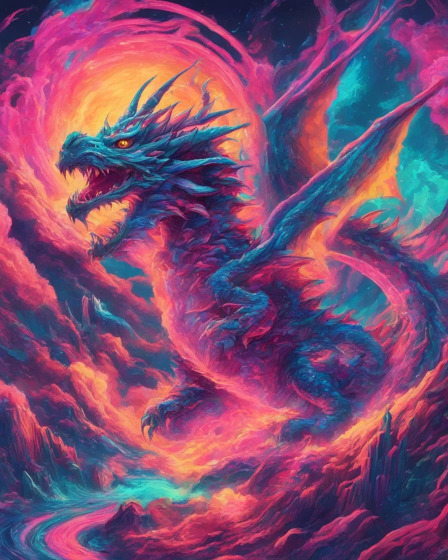 Close up shot, Dragon in a vibrant synthwave dreamscape, neon chaos swirling energetically around pixelated forms, a dynamic fusion of retro gaming nostalgia and futuristic abstraction