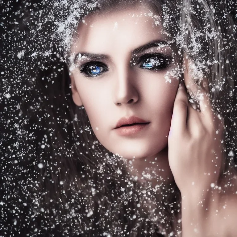 wonderfull german woman, curves, cyborg, platinum long hair, hair covering one eye, ultradetailed fine art photo of a indian, weet face portrait, snow flakes particles, 35 mm