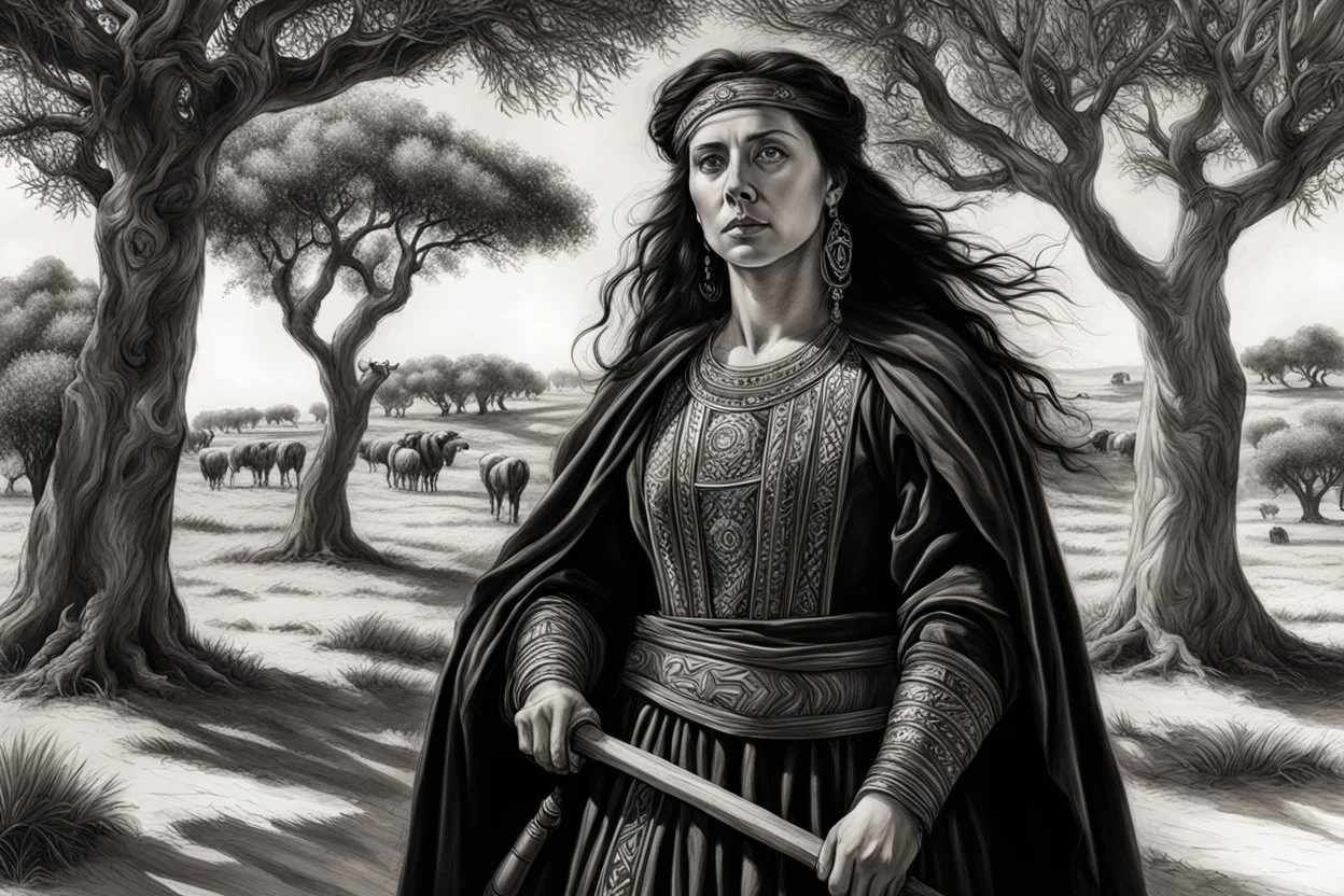 create a classical-abstract-realist sci-fi fantasy full body portrait drawing of a nomadic tribal shepherdess with highly defined facial features, amidst ancient Andalusian olive trees, in the style of Donato Giancola, Hans Memling, Titian, and Caravaggio, 8k, highly detailed, otherworldly and fantastic