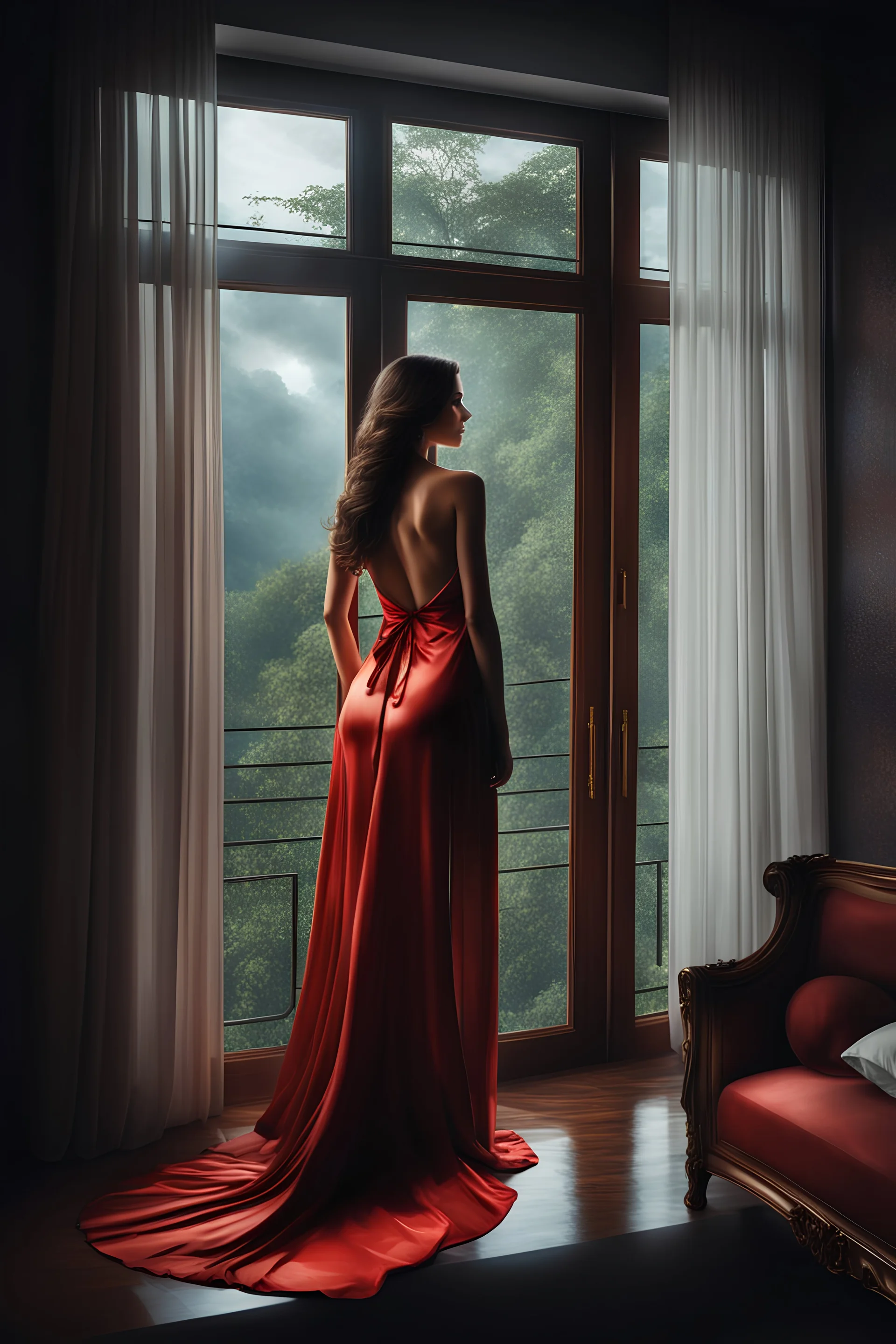 inspired by all the works of art in the world - a really beautiful brunette woman in a red night gown is in my bedroom looking out the window, Absolute Reality, Reality engine, Realistic stock photo 1080p, 32k UHD, Hyper realistic, photorealistic, well-shaped, perfect figure,