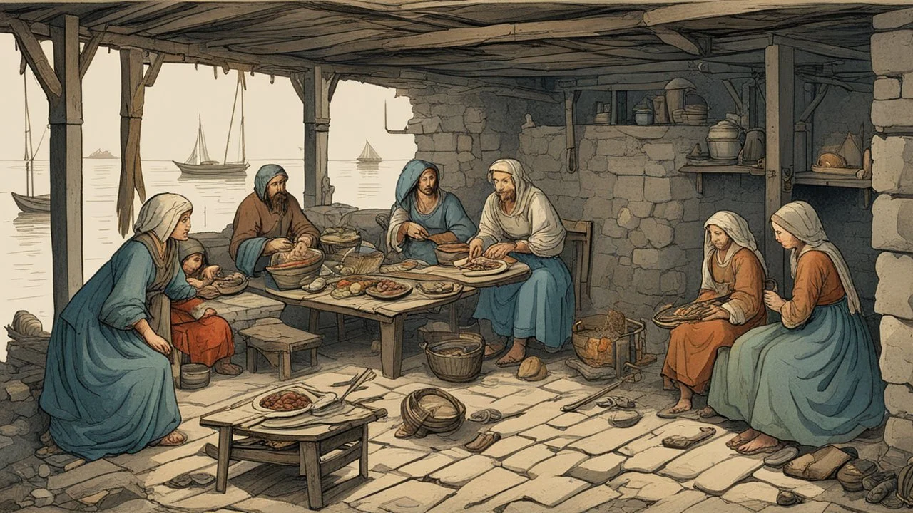 The fisherman is having dinner and a fish meal inside his poor house with his wife and three daughters in the Middle Ages