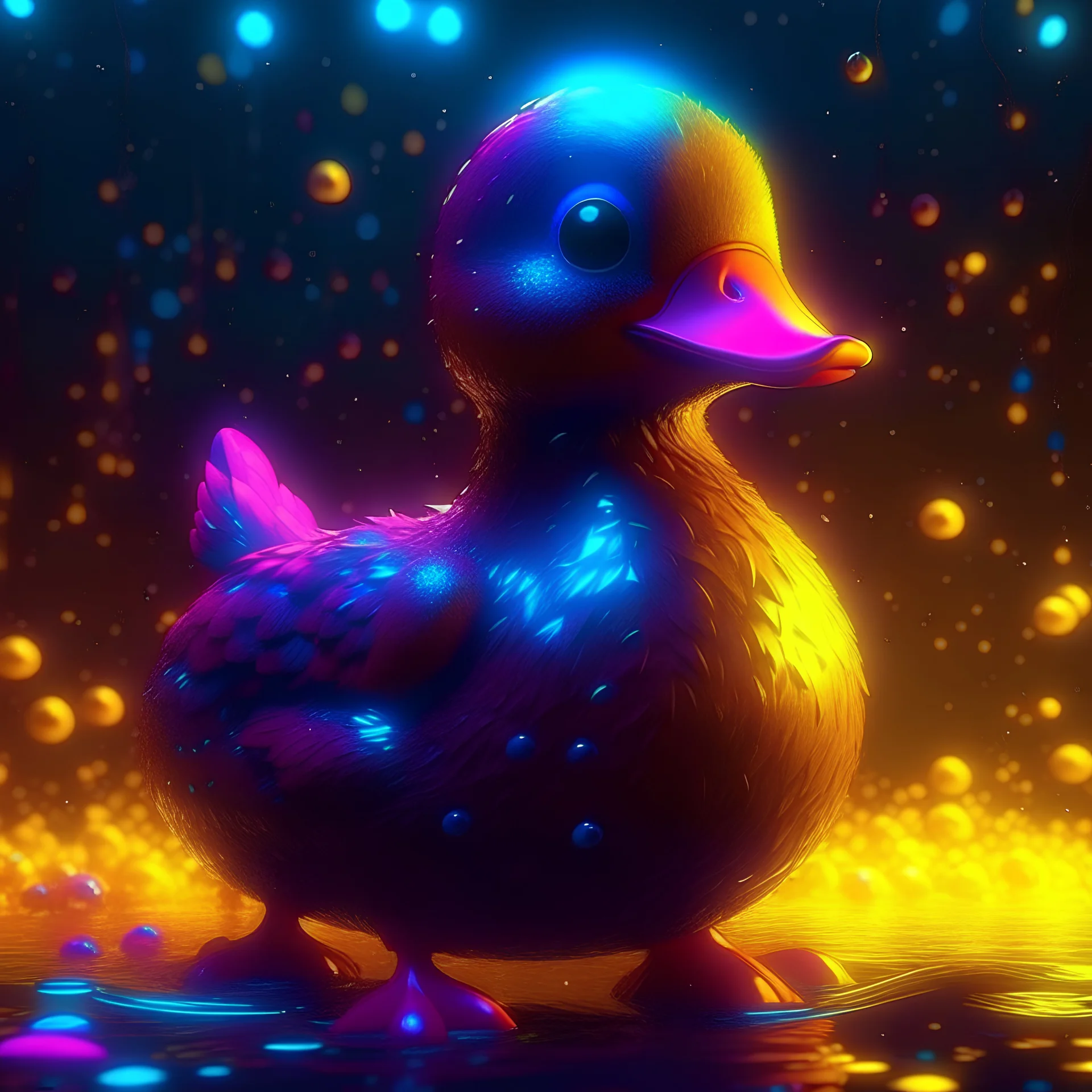 one rubber duckling in the style of Seb McKinnon, Casey Weldon and Scotty Young, explosion of small particles, realistic, wide view, neon glare, chaotic, from Anna Dittmann and Karn Griffiths, CGSociety, ZBrush Central, behance HD, pleasant illumination, masterpiece, fog, The Art of illusion, Artrift, finalRender, Flickr, IMAX, Polycount, Shadow depth, Sketchlab, Substance Designer, VRay, Depth of field, Subtractive lighting, Panorama, 3DEXCITE, 3Delight, 3D, raw photography, add details