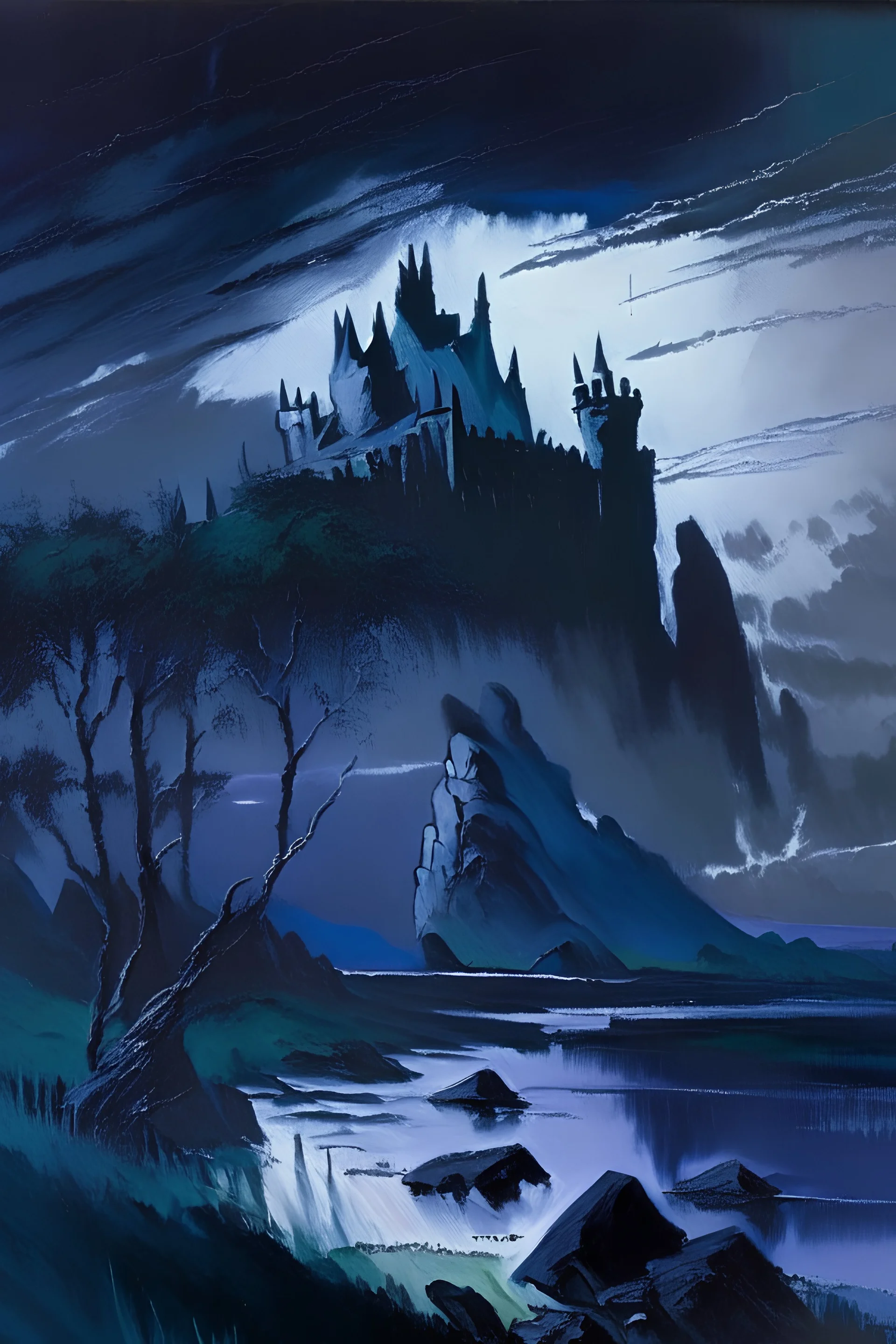 gothic landscape, simple, thick brush strokes, painting, Matisse, retrofuturism , water color style brush lines, dark rock in distance, a castle appearing even further in the depth of the land, dark tones, contemporary art, hyperrealistic, soft, expressionism, overlooking the land, liminal lighting, 70s dark color palette muted ,