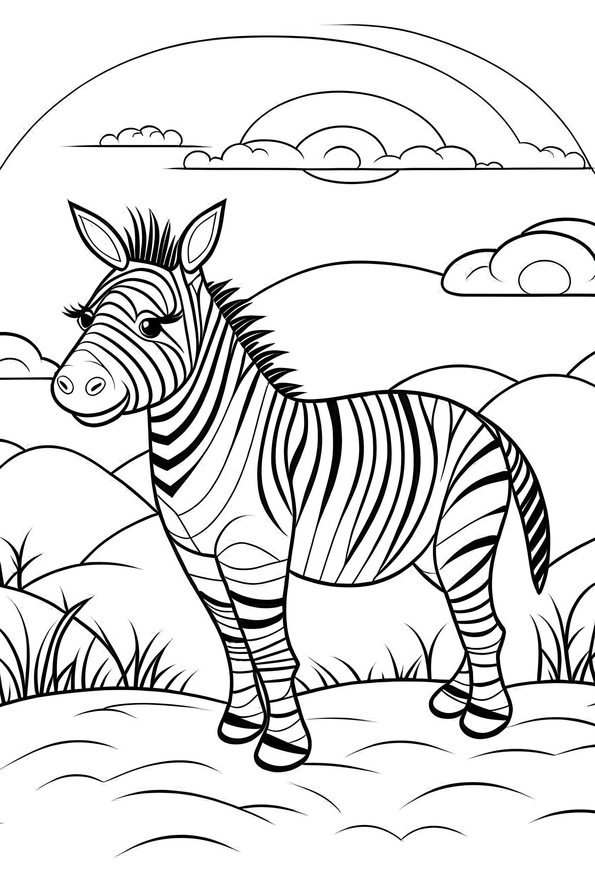 little Zebra, with black and white stripes, on the African plains, clean line art, white background, no shadows, well outlined, for kids coloring book, cartoon style.