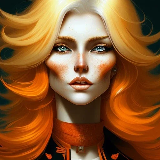 fantasy setting, woman, two-toned streaked orange and white hair, wavy hair, freckles, ranger, more orange hair, more white hair,