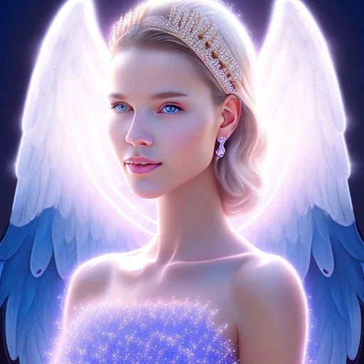 portrait of a beautiful woman with an angel face smiling, pink and blue dress, jewels, soft light aura