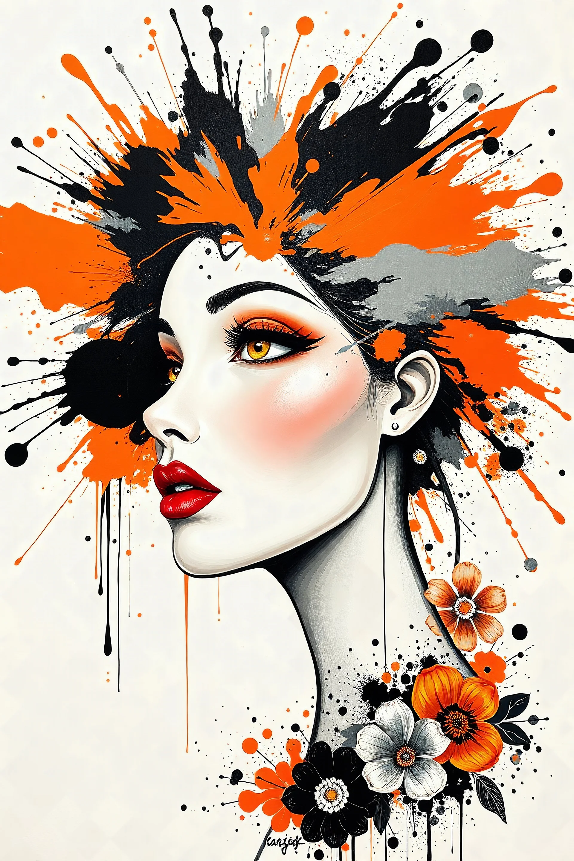 A stylized portrait of a female face in profile, featuring striking orange, black, and gray splashes of paint that radiate from the head, resembling an explosion of color. The subject has large, expressive golden eyes and a smooth complexion, accented by bold red lips. Abstract elements, including splatters and floral motifs, blend seamlessly with the face, creating a dynamic and contemporary artwork against a plain white background.