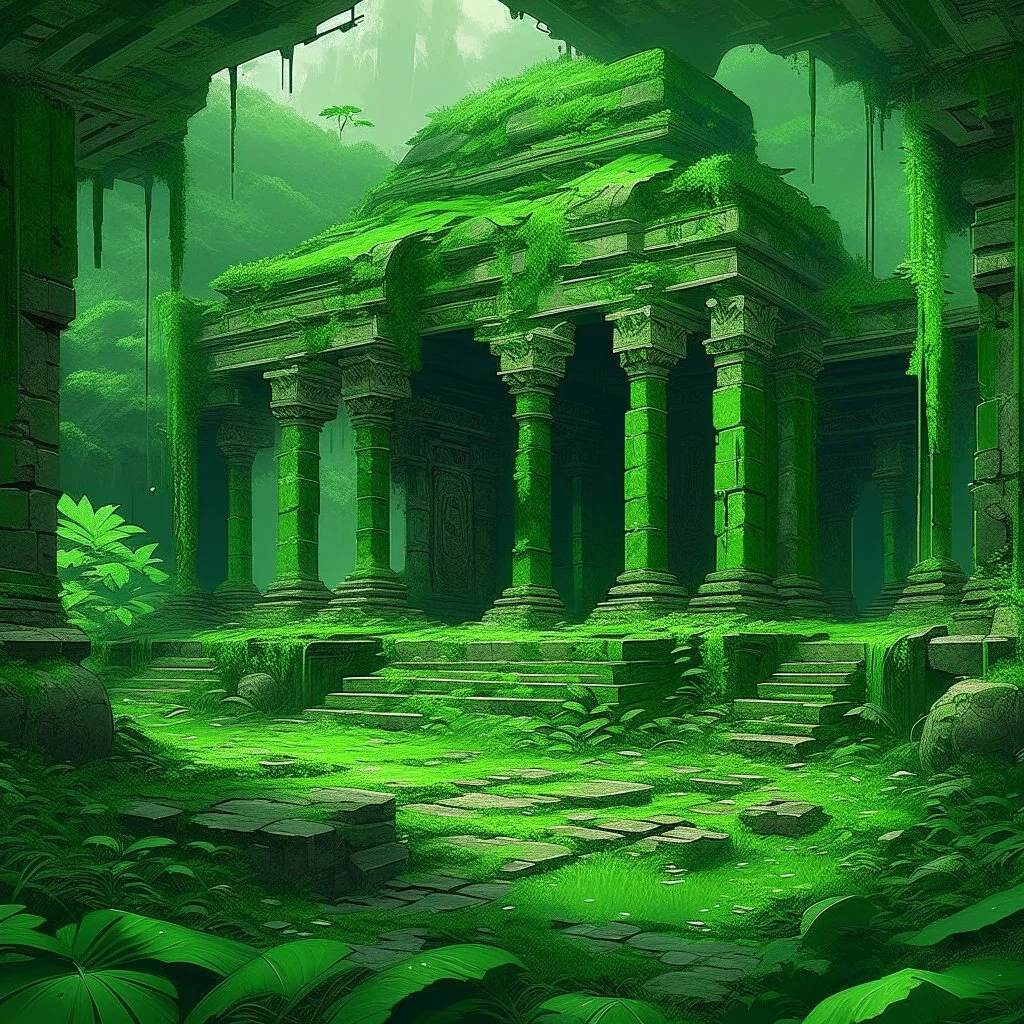 A green ruins in a jungle with jade crystals painted by Frank Wilson