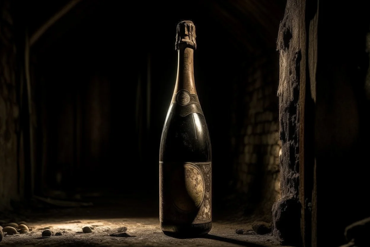 Una Botella de champán tradicional, en primer plano el corcho, , bodega en claro oscuro. Fotografía con cámara Leica. Objetivo de 35 mm