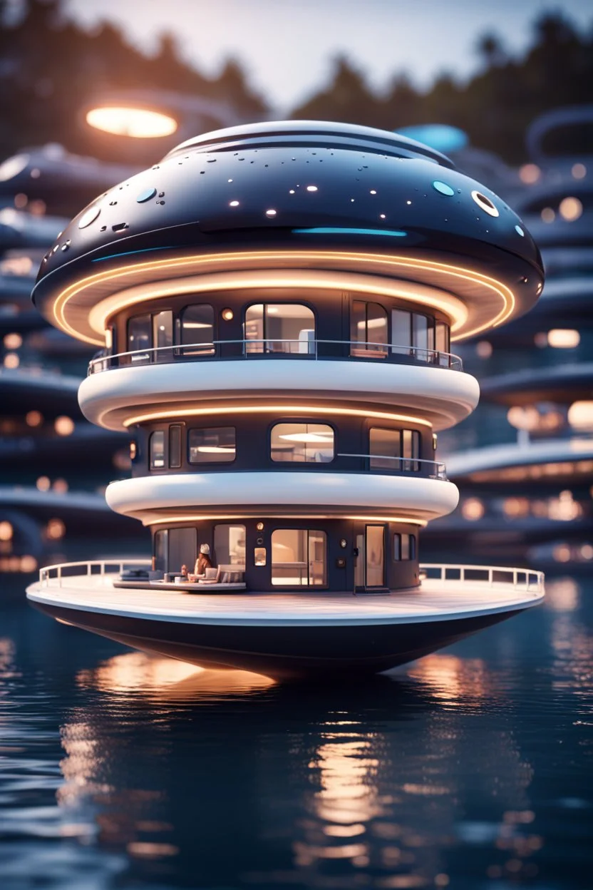 a donut shaped modular house boat that looks like a dark twisted alien space ship in advanced hi tech dock, bokeh like f/0.8, tilt-shift lens 8k, high detail, smooth render, down-light, unreal engine, prize winning