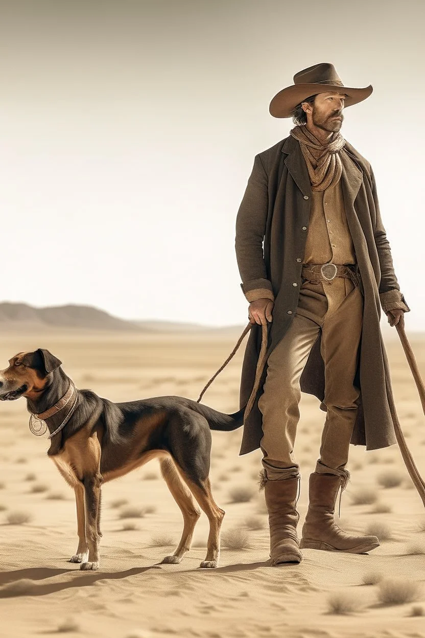 Full body cowboy in a desert with a dog and fancy walking stick