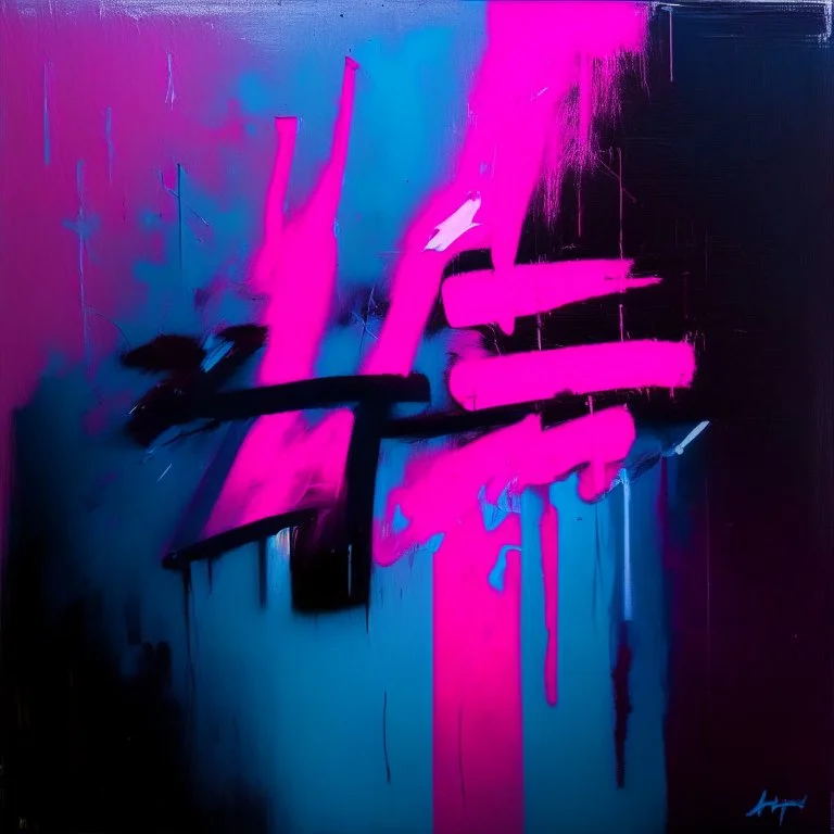 Minimal abstract oil painting of bright pink and blue. with random words. illuminated at night. In the style of Justin Mortimer and Phil Hale and Ashley Wood