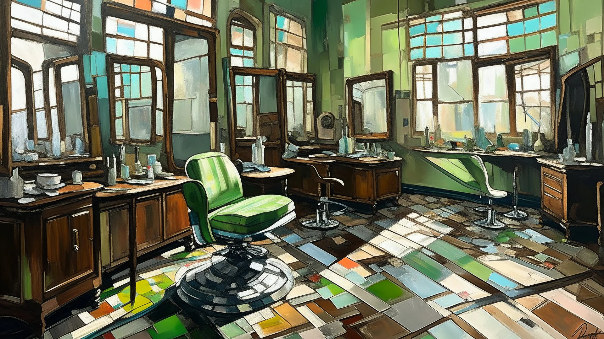 A contemporary painting of an empty Caribbean barbershop interior, mirrors reflecting fragmented spaces, barber chairs and patterned floors, sunlight entering through windows, muted pastel colors with vibrant accents, layered paint textures, a quiet nostalgic atmosphere, figurative yet slightly abstract composition, oil on canvas inspired by Hurvin Anderson