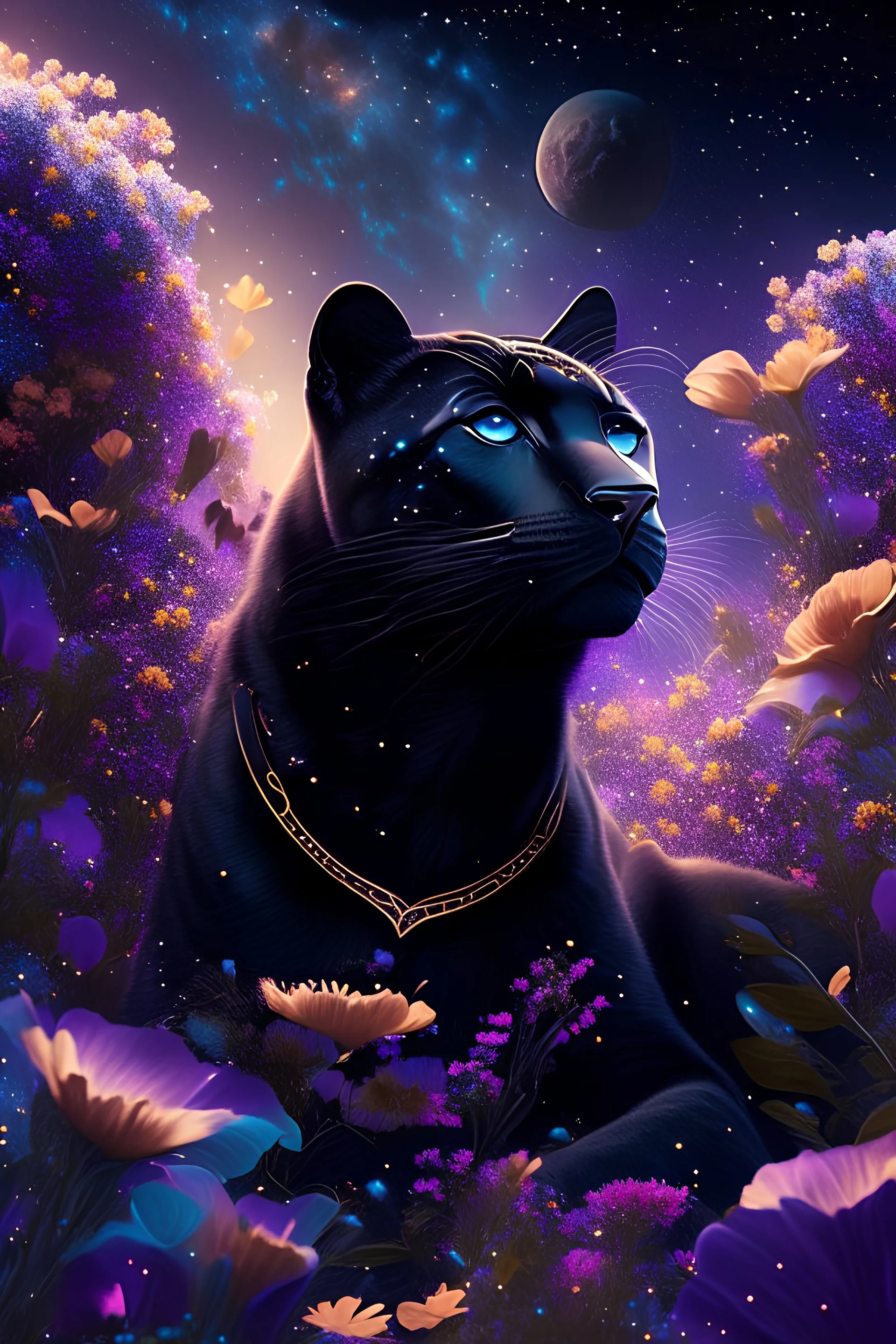 Black panther surrounded by millions of brilliant flowers in space