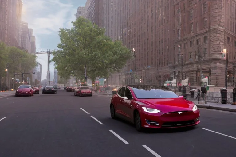 A Tesla 'Model S' is racing at top speed, near the Flatiron Building in Manhattan. (CINEMATIC, WIDE ANGLE LENS, PHOTO REAL)