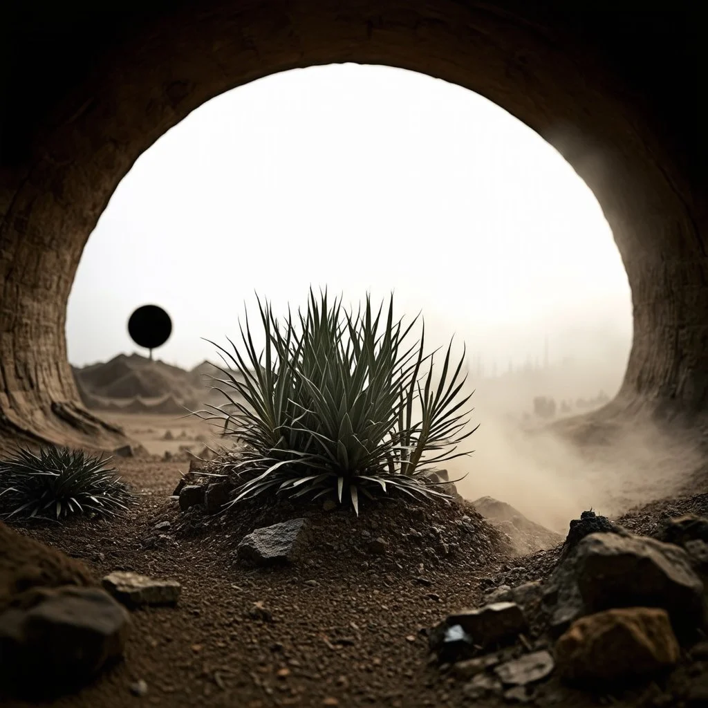 A striking quality photograph captures a wasteland with plants, creepy, scarpata, details of the dust very accentuated, glossy organic mass, adorned with minerals and rocks. Bathed in intense light, eerie, Max Ernst and Yves Tanguy style, black sun, fog, volumetric light, octane render