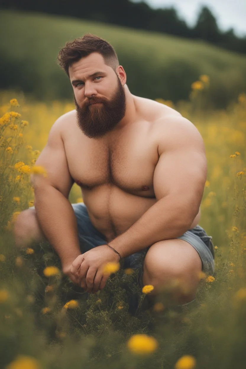 full figure photography, shy muscular big fat chubby, 35mm lens, burly italian man short hair, 28 years old sitting in the meadow with a flower in a hand, near a big farm , red short beard, , hairy armpits, manly armpits, ugly, manly chest, hairy chest, big shoulders, , huge belly, manly chest, shirtless, with boxer, emotive eyes looking at camera, photorealistic ,sunlight , ambient occlusion, side view, poetic composition, golden ratio