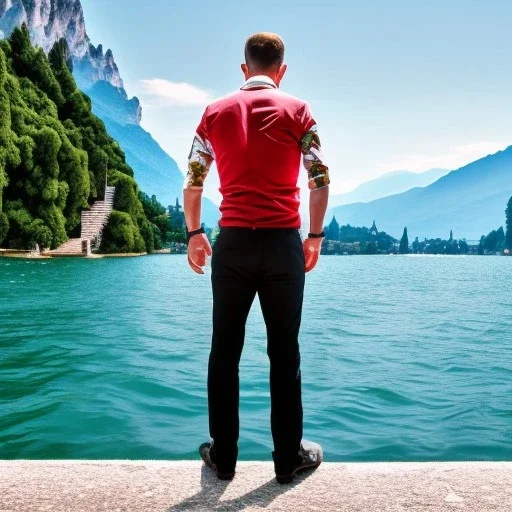 Man from behind is watching on tbe Lake Garda in Italy