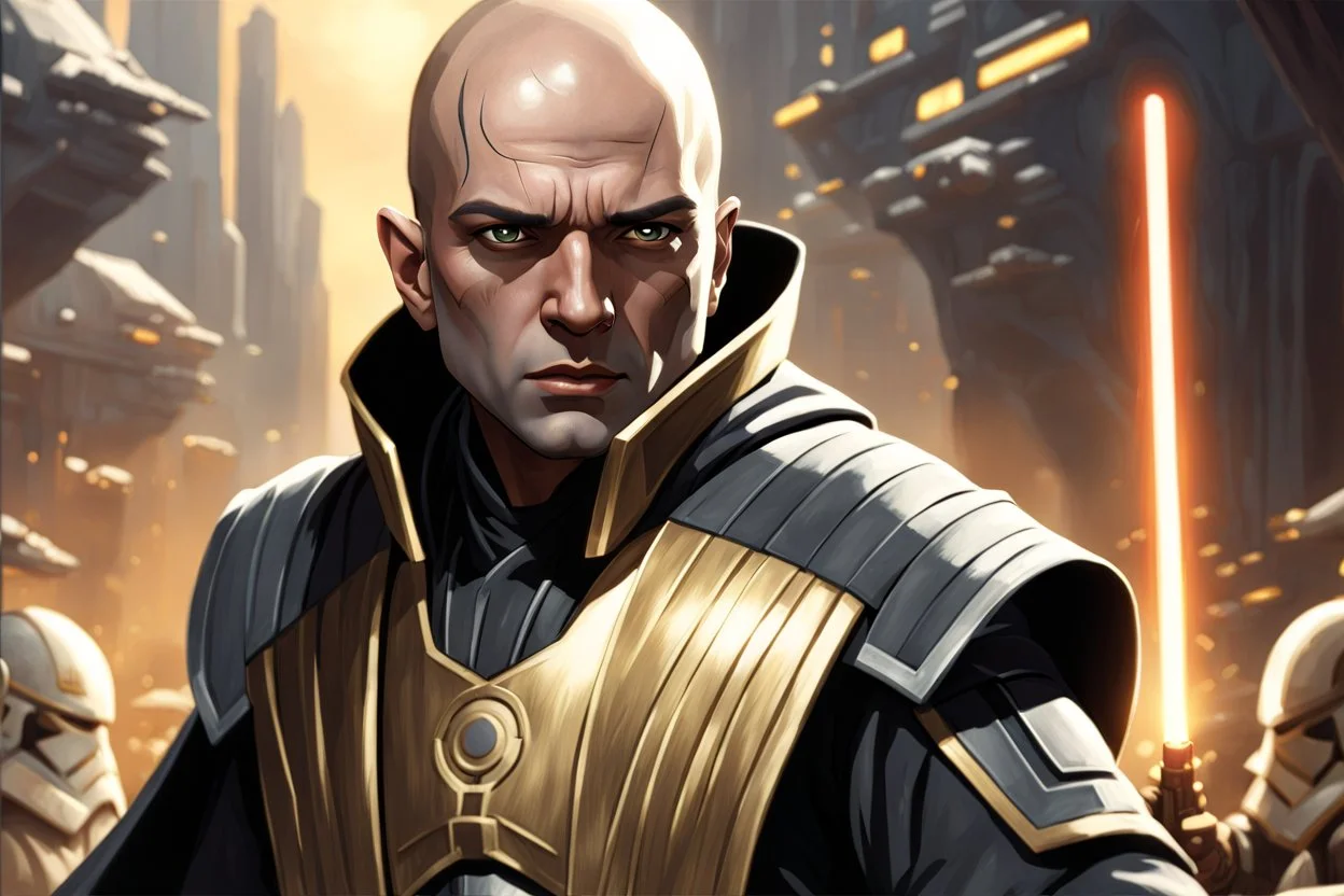 star wars bald male corellian jedi pilot wearing black and gunmetal grey old republic armored robes with gold trim, alone, battle-ready Jedi Master defending a ruined ancient city surrounded by golden light, centered head and shoulders portrait, hyperdetailed, dynamic lighting, hyperdetailed background, 8k resolution, volumetric lighting, light skin, fully symmetric details