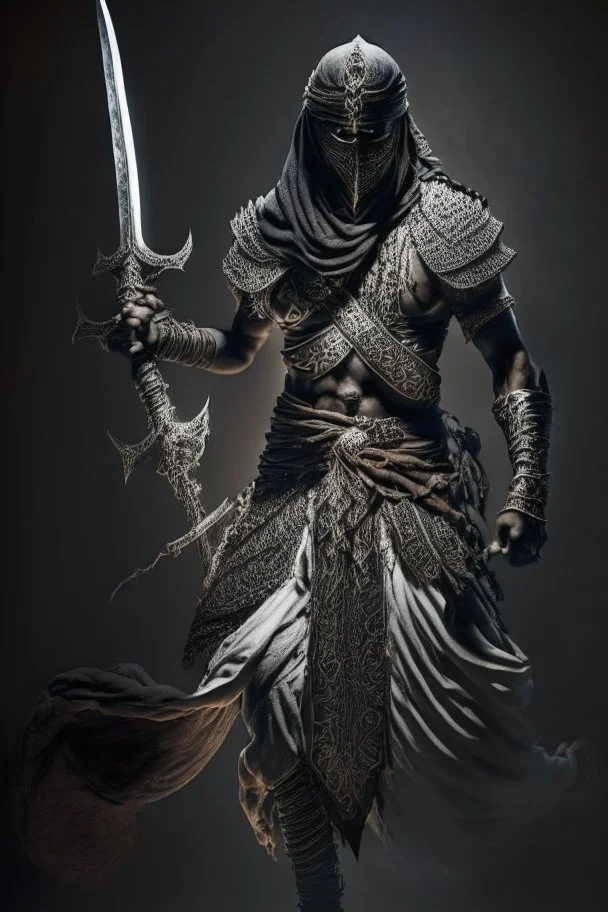 Arabian warrior, full body, sword in both hands, intricate detail, high quality, dark background, cinematic lighting,cgi