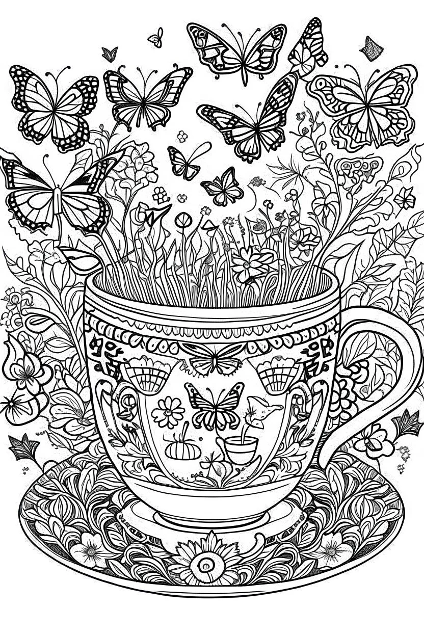 Outline art for coloring page, AVANT GARDE DRAWING TEACUP SET IN A GARDEN OF BUTTERFLIES, coloring page, white background, Sketch style, only use outline, clean line art, white background, no shadows, no shading, no color, clear