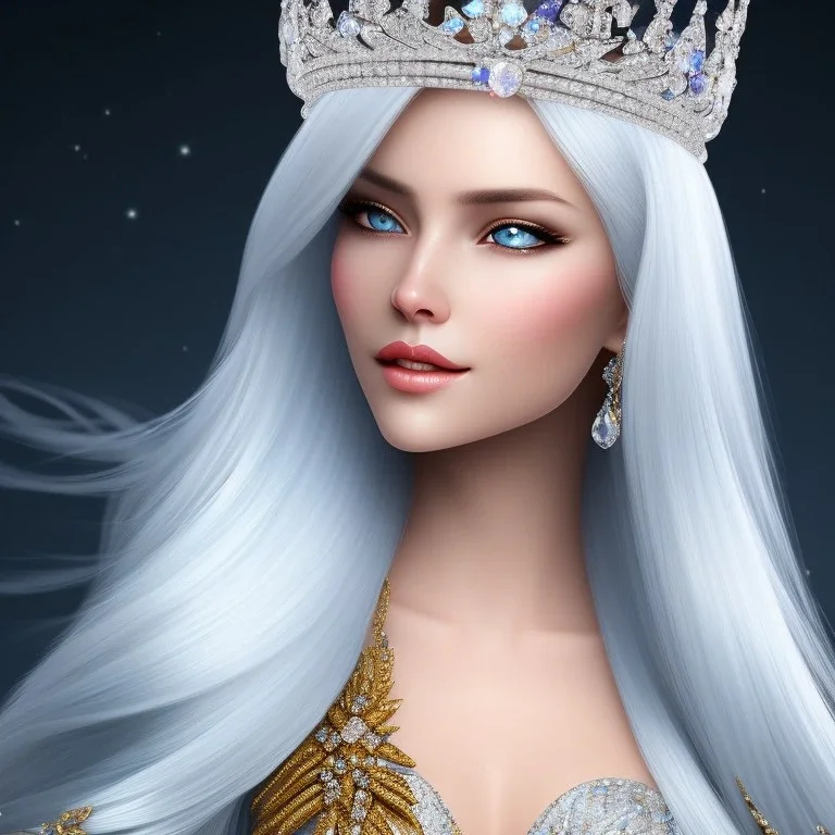 Ice Princess with white hair smilling, a crown with precious stones, bright background