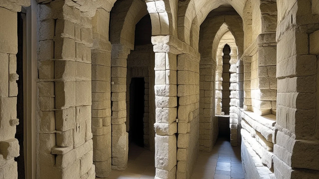 Revoltijo ordenado de nichos excavados en piedra caliza con proporciones similares, corredores excavados comunicando las cavidades, solo algunos habitáculos muestran señales de ocupación, estética monástica contemporánea.