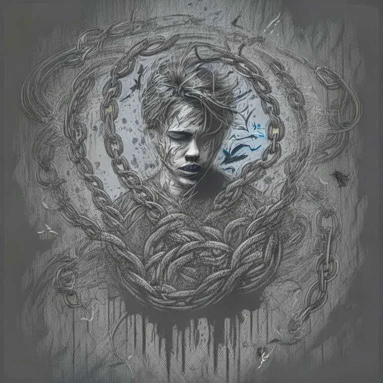 Generate a sketch that depicts a trapp in the clutches of addiction, with visual elements symbolizing the allure and dangers of substance abuse, such as dark shadows, chains, or swirling vortexes