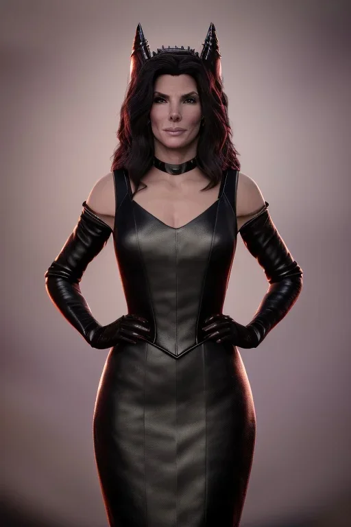 Sandra Bullock as evil queen in black leather gown, cleavage, angry, dominaneering, stern look unreal 5, octane render,cinema4d, dynamic lighting, dramatic lighting, 4k, redshift render, highly detailed, hyper realistic