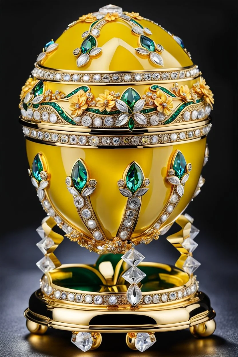 The Fabergé egg formed jewelly box features decorative Swarovski crystals and an enamel finish with the exterior of formed with many stunning gold decorations and studded with diamonds and made from quartz, platinum, and orthoclase with miniature flowers, white crystals, diamonds and made from platinum and gold, and plants made of gold, classic ornaments, high quality, detailed, photography