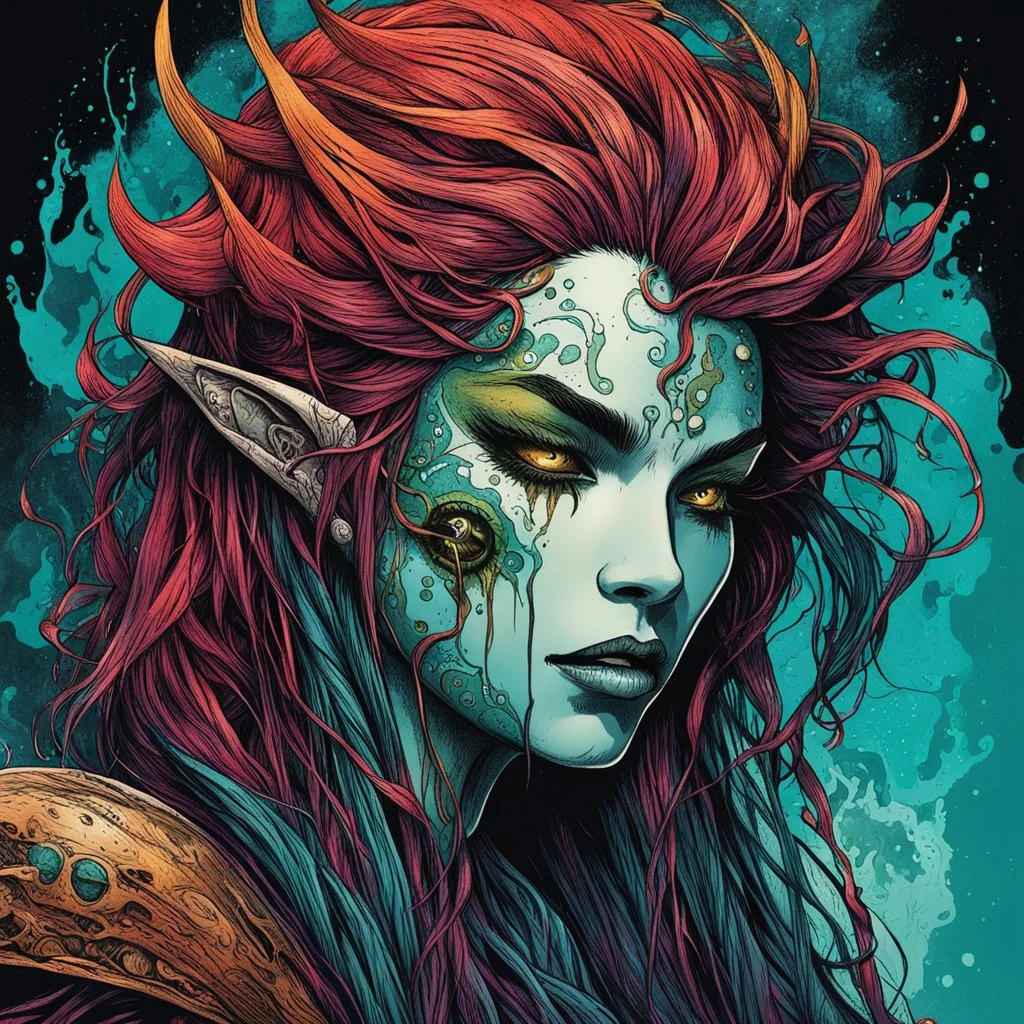 highly detailed color woodcut concept illustration of a world weary, female Sea Elf sorceress character , maximalist, sharp focus, highest resolution, in the styles of Alex Pardee, Denis Forkas , Bill Sienkiewicz, and Masahiro Ito, boldly inked, 8k, coarse, gritty textures