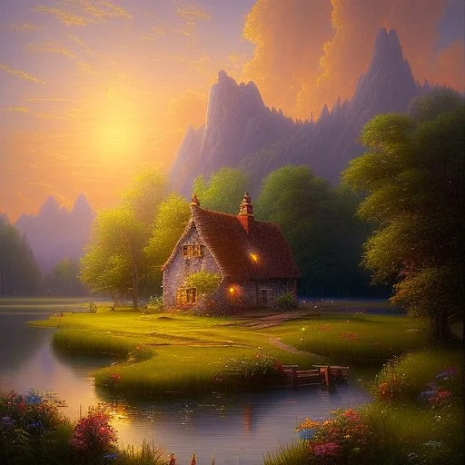 An exquisite oil painting capturing a dreamlike paradise, with a charming little farmhouse nestled by a calm lake. The farmhouse, with its rustic appeal, contrasts against the serene water, surrounded by a lush, verdant forest and rolling hills. The background unfolds into a dramatic landscape, featuring towering mountains and a stunning sunset sky that casts warm, vibrant hues across the scene. The artist's mastery is evident in the seamless blend of traditional oil painting techniques with the