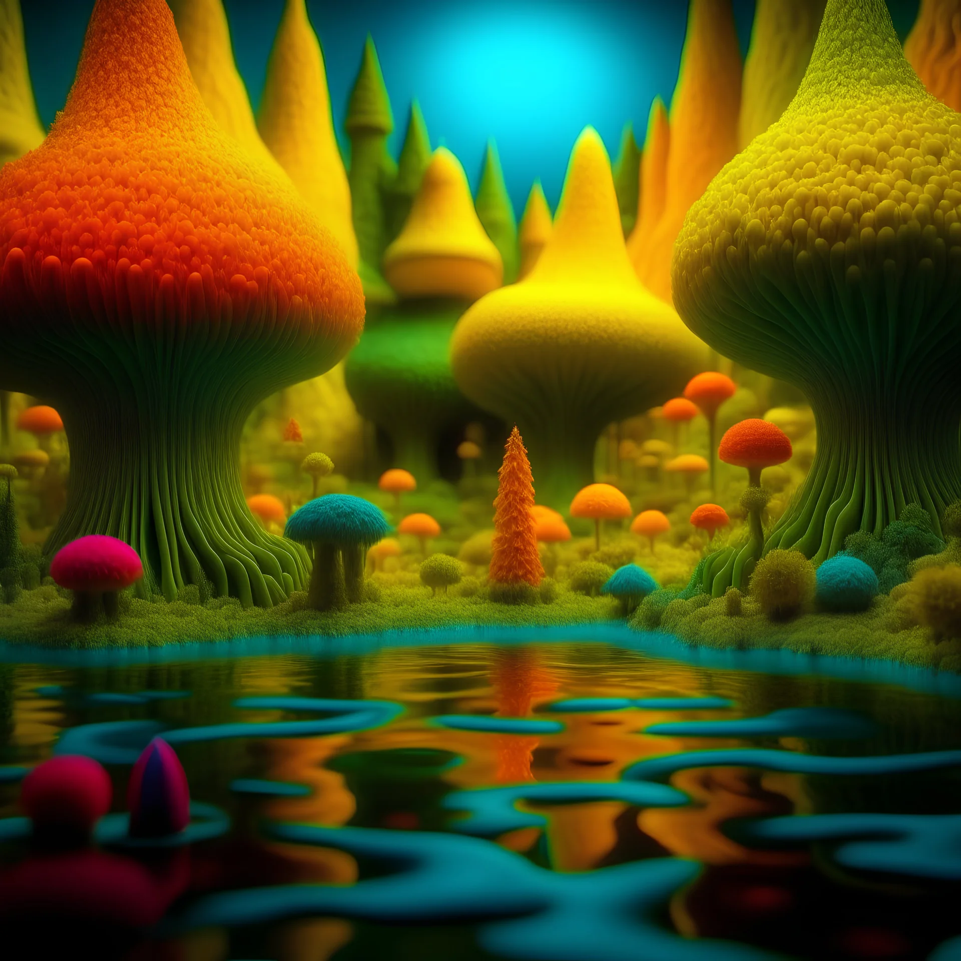 Odd swamp landscape with odd beings surreal abstract Max Ernst style, Haji Widayat, hypnotic, obsessive, 120mm photography, sharp focus, 8k, 3d, very detailed, volumetric light, very colorful, ornate, F/2.8, insanely detailed and intricate, hypermaximalist