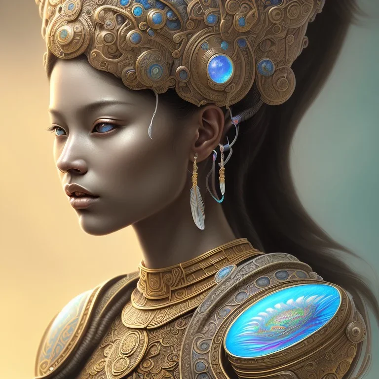 Sango fantasy, fantasy magic, intricate, sharp focus, illustration, highly detailed, digital painting, concept art, matte, art germ and Paul Lewin and Kehinde Wiley, masterpiece Mayan princess dancer head bronze feather's' Asian Latin girl nice breast brown Thai hair turquoise silver blue sky