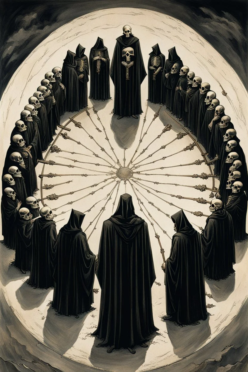 skeletons dressed in long black robes standing in a circle