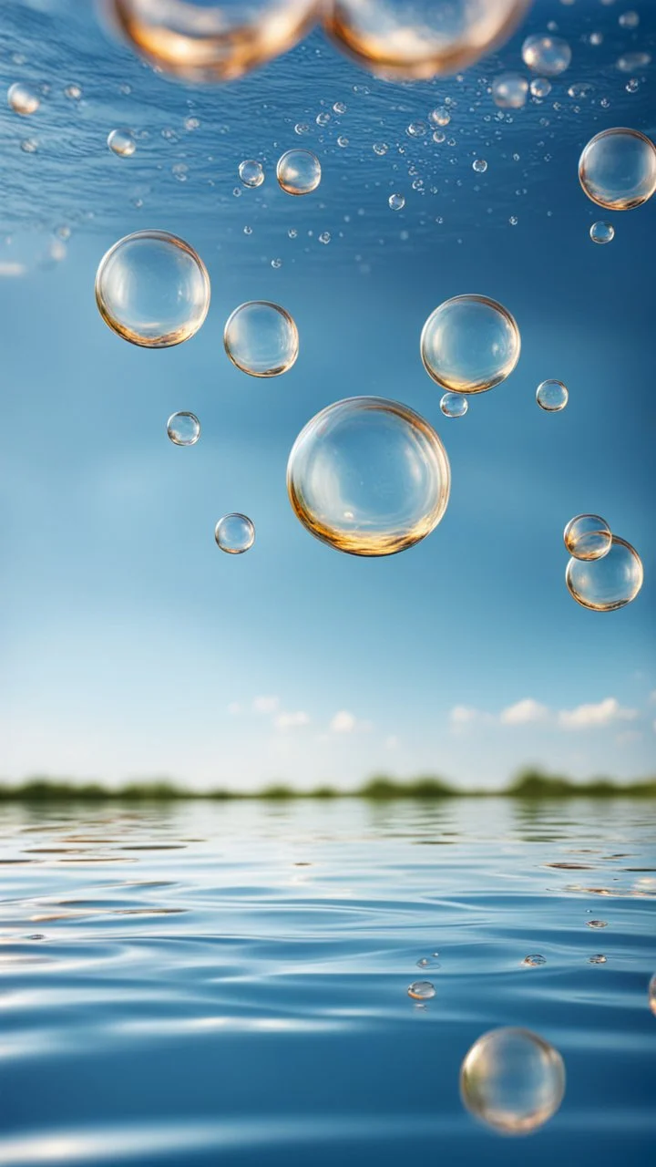 bubbles floating over water with blue sky, stock photography