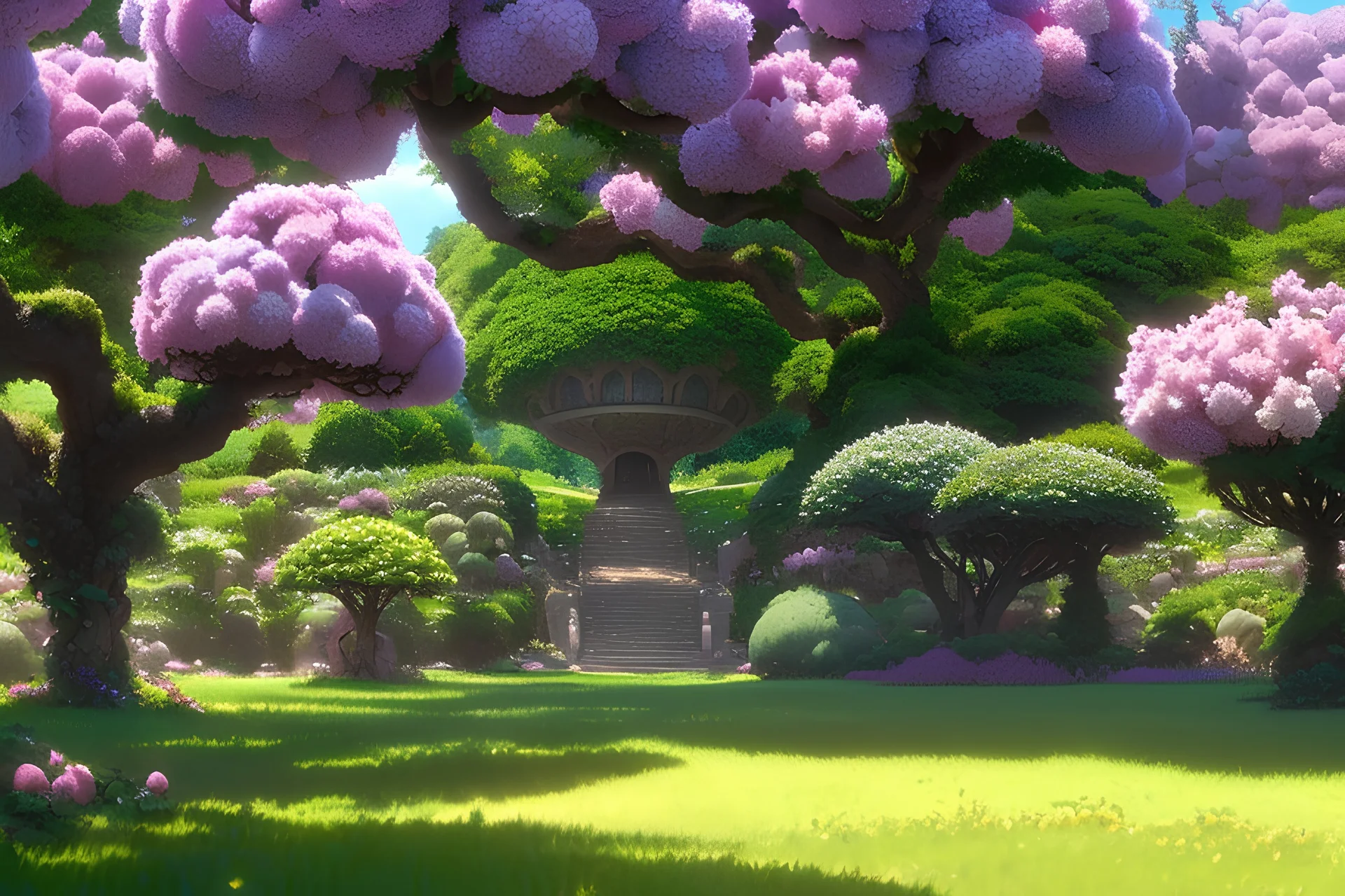 Pixar studio ghibli beautiful orchard with fruits , eldritch, stone architecture, fantasy, lovecraftion, colourful wild flowers, fantasy, cinematic footage, photorealism, intricate, hydrangeas around house hills fantasy land beautiful flower landscape alien world pink puffy trees, stylized painting, 3d 4k octane render, lifelike, photorealistic, artstation, illustration, smooth, sharp focus, ornate, intricate, complex, highly detailed, digital painting, smooth, art by tom bagshaw, akihiko yosh