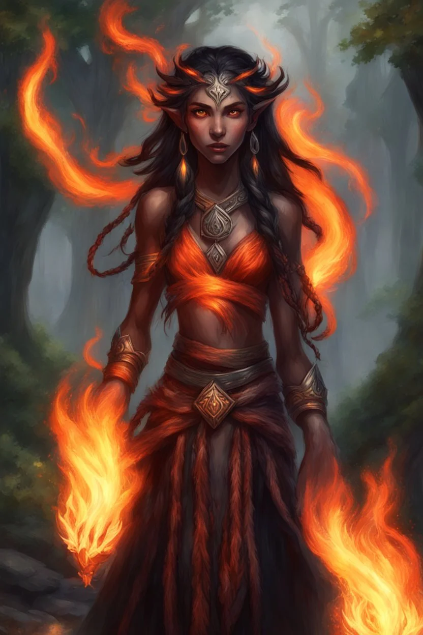 Fire Eladrin druid female. Hair is long and bright black, part is braided and fire comes out from it. Big bright red eyes. Creates fire from her own hands . Is generating fire in her hands. Skin color is dark. Has a big scar on face