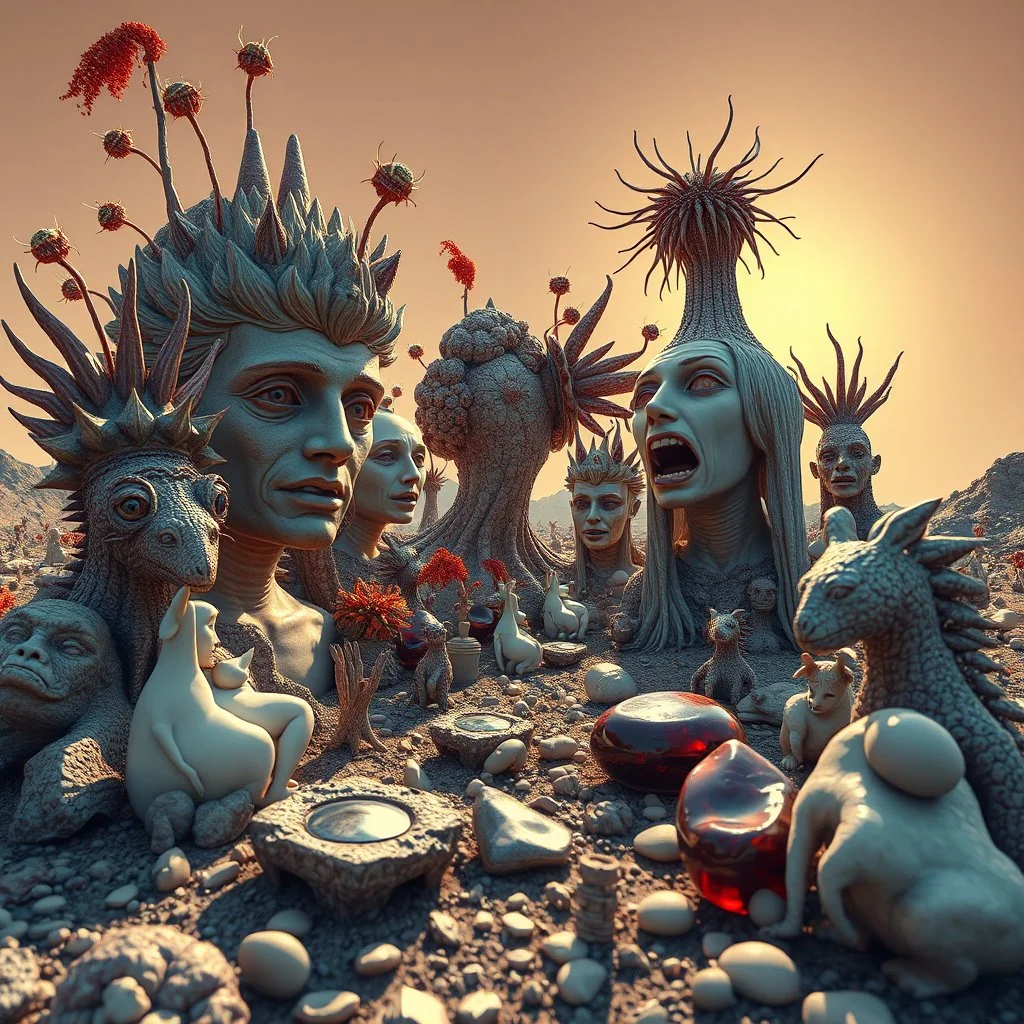 A striking photograph captures a sub-paracosm from a phantasmagorical universe made of glossy organic material, human statues, with group of plants and animals, eyes, teeth, figures, adorned with glossy minerals and rocks, eerie, wasteland, Yves Tanguy style, hypnotic, intense noon-light sun, 8k, deep 3d field, strong texture, extreme detail, intricate, colours, rich moody colors