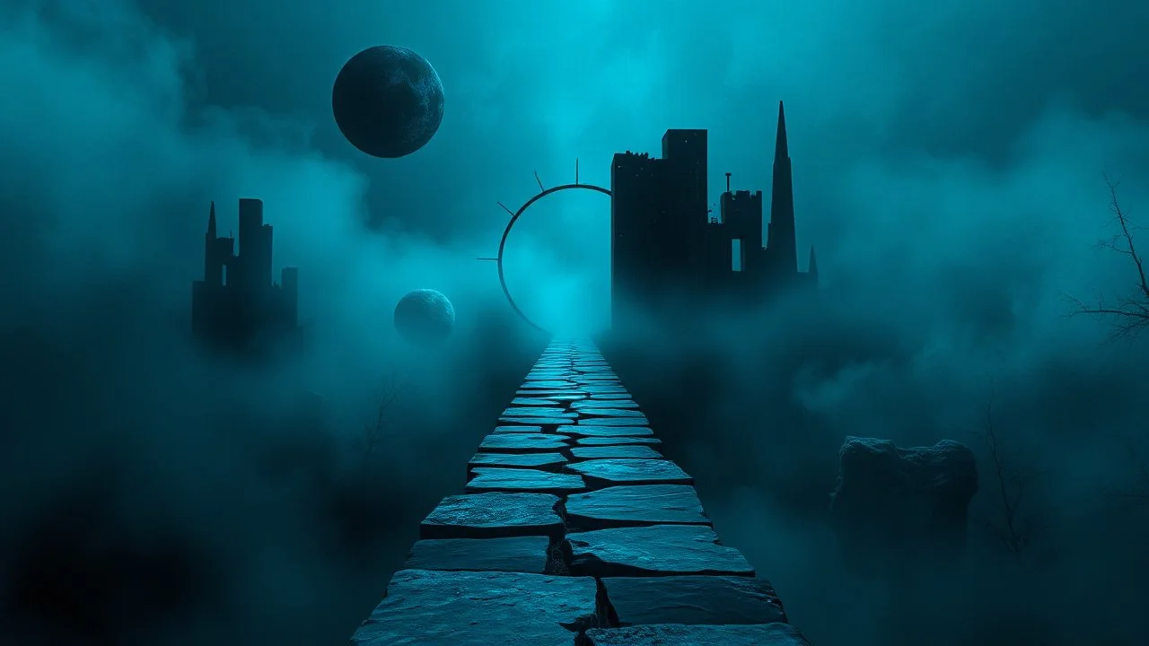 A surreal, dark and cold abstract artwork dominated by deep blue, icy cyan, charcoal black and muted steel-grey tones. An thin narrow passageway emerges from an abstract distorted weird landscape, surrounded by thick atmospheric fog and drifting mist. The space feels dreamlike, alien and unsettling, with fragmented floating circle geometric forms, black onix architectural fragments and unnatural perspectives. At the center of the composition cracked stone way over abyss, passage over nothingness