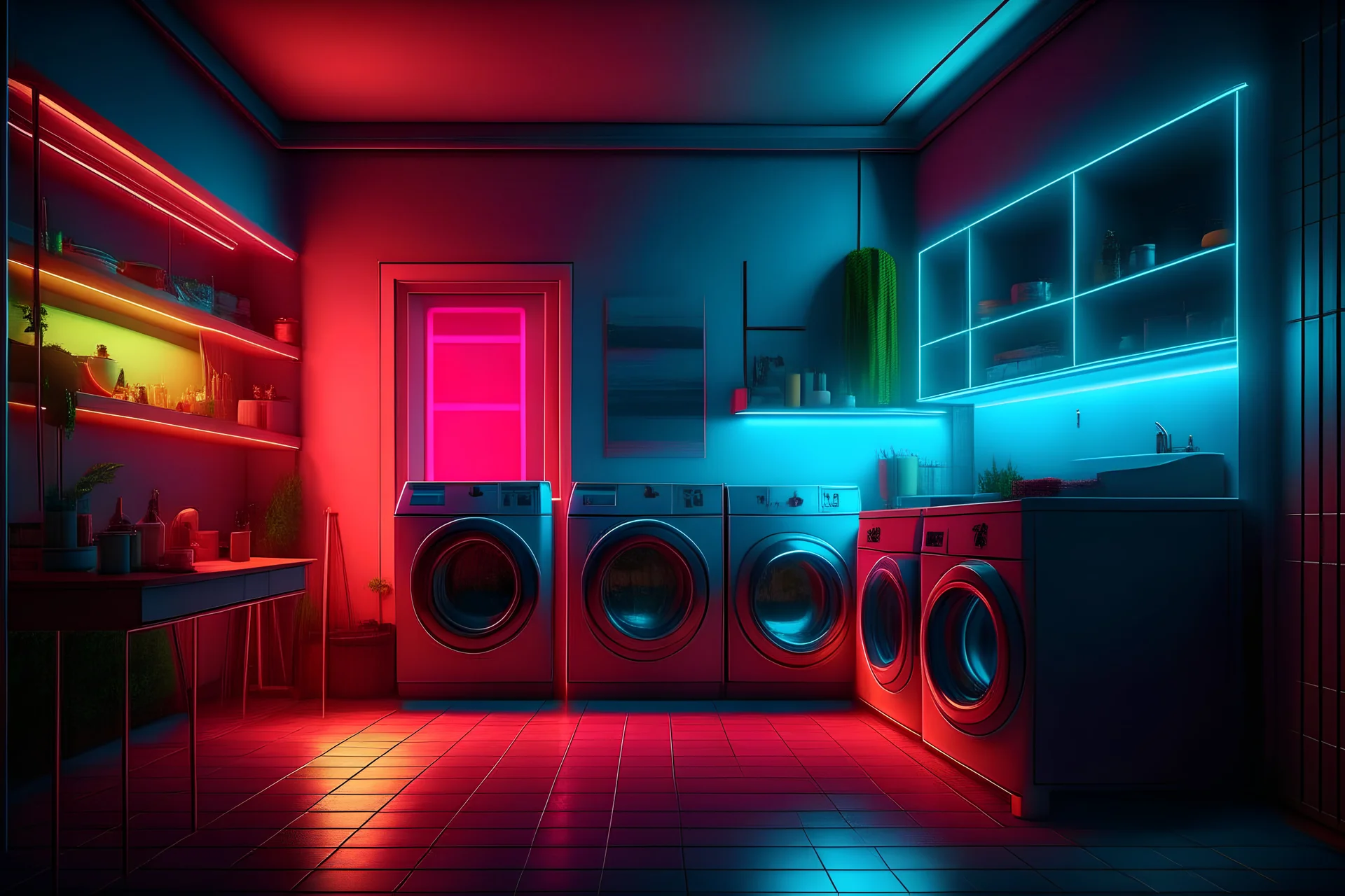 utility room, hyperrealistic 16k, 3d rendering, expressively detailed, dynamic light, neon lighting