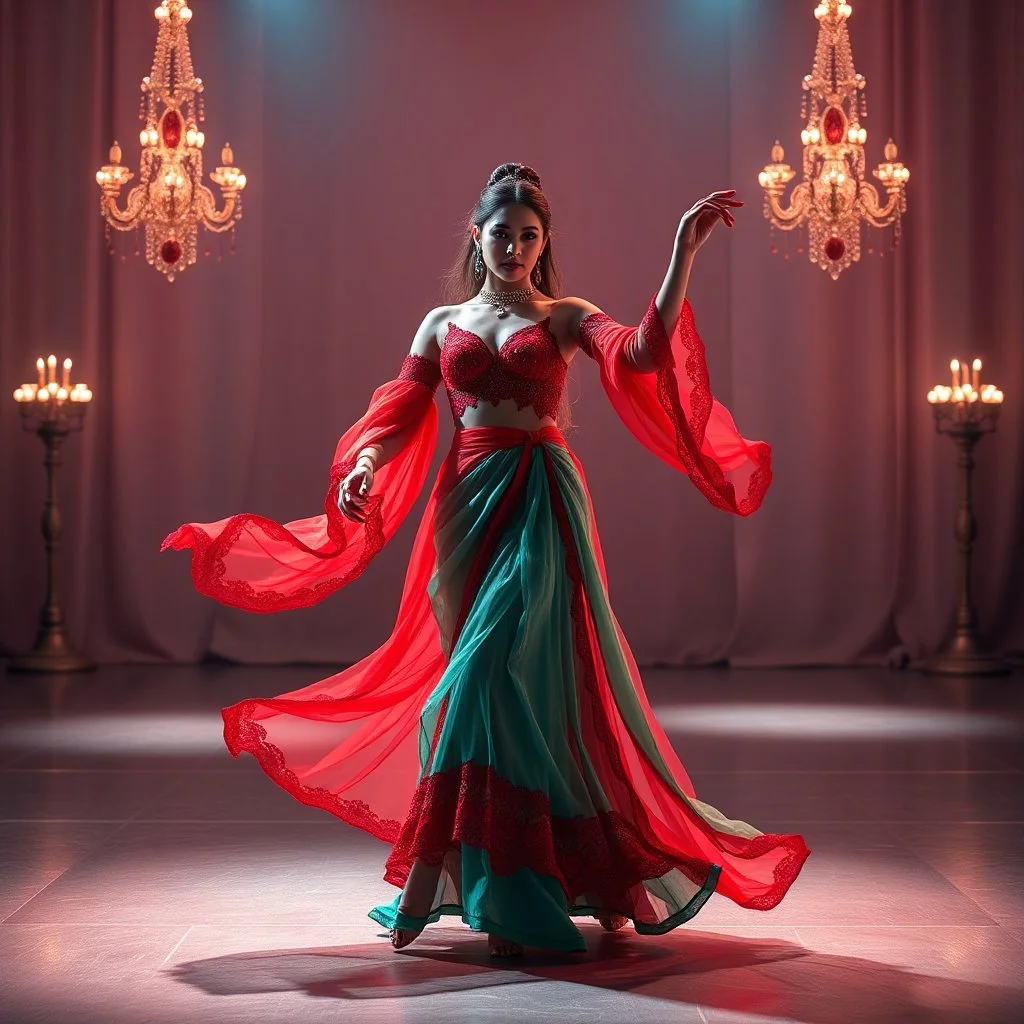 lady in azeri dance custum change clothing color to cyan and red fullbody shot standing in a pretty stage