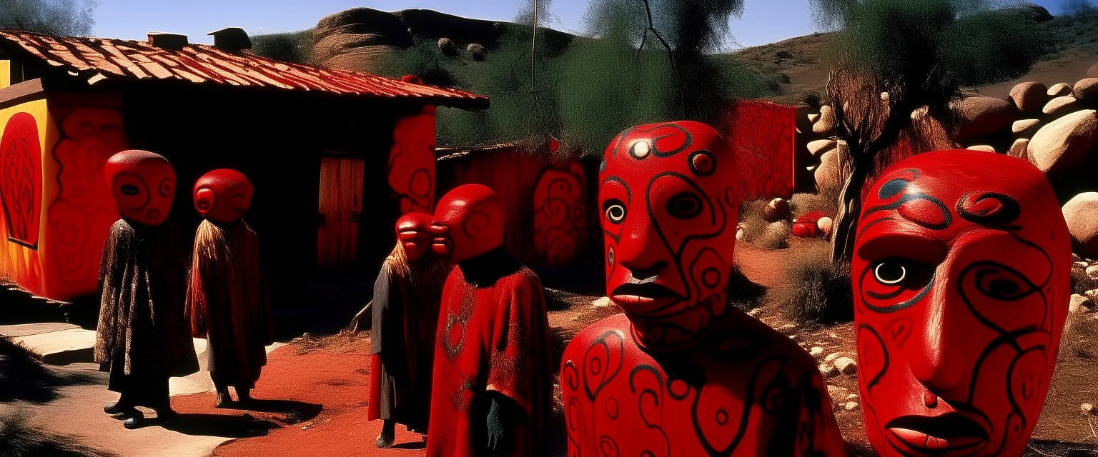 A dark red village with chili peppers designed in African masks painted by Andy Warhol
