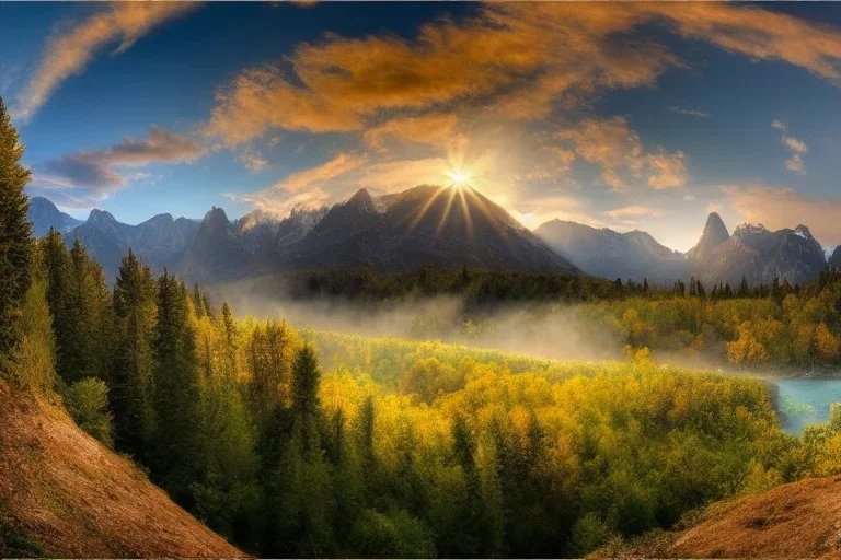 the most beautiful panoramic landscape, oil painting, where the mountains are towering over the valley below their peaks shrouded in mist, the sun is just peeking over the horizon producing an awesome flare and the sky is ablaze with warm colors and stratus clouds. a giant dreamy waterfall creates a river, it is winding its way through the valley and the trees are starting to bloom in a great variety of colors, by greg rutkowski, aerial view