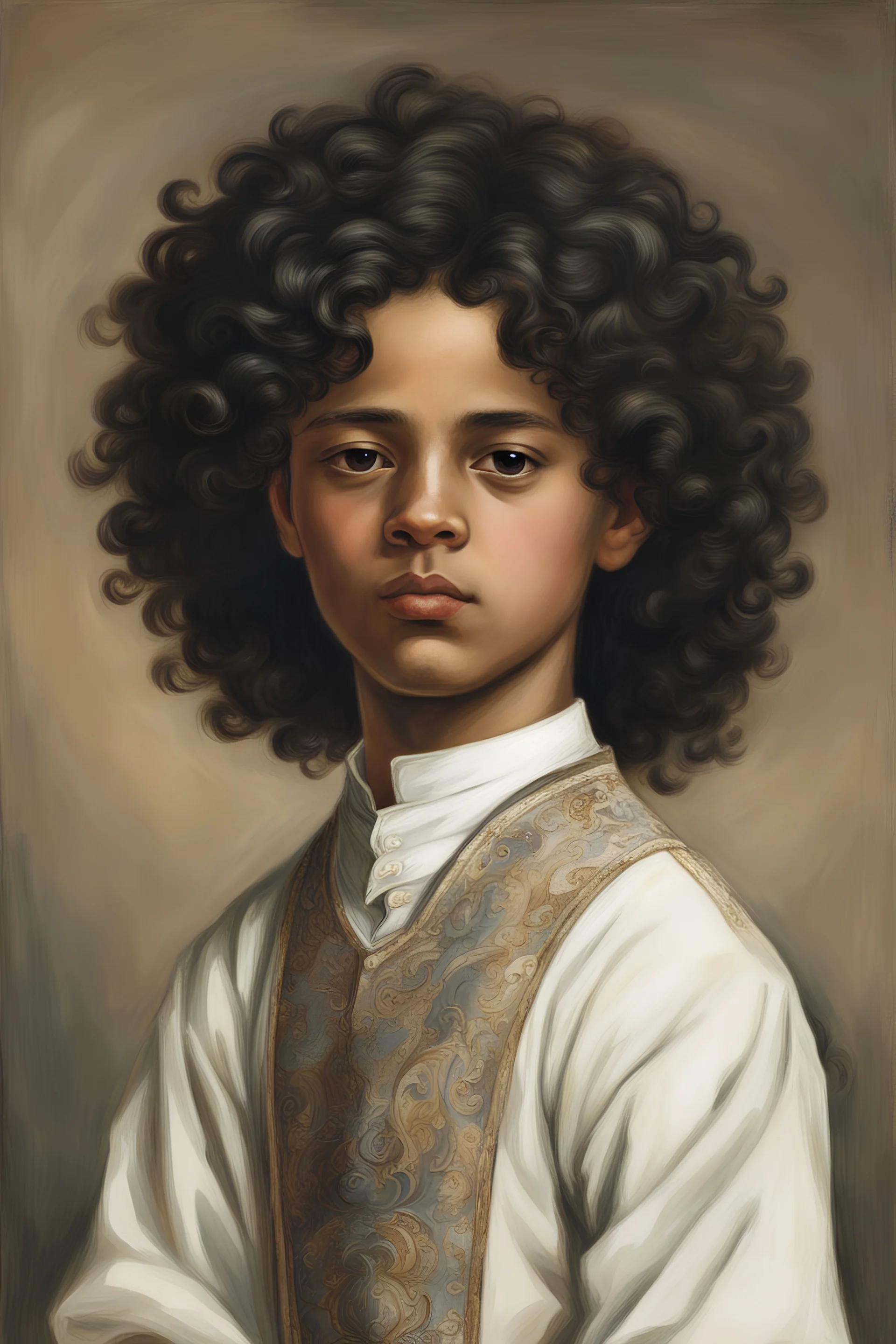 Fourteen-year-old boy, mulatto, black wavy hair, dressed in an aristocratic tunic.