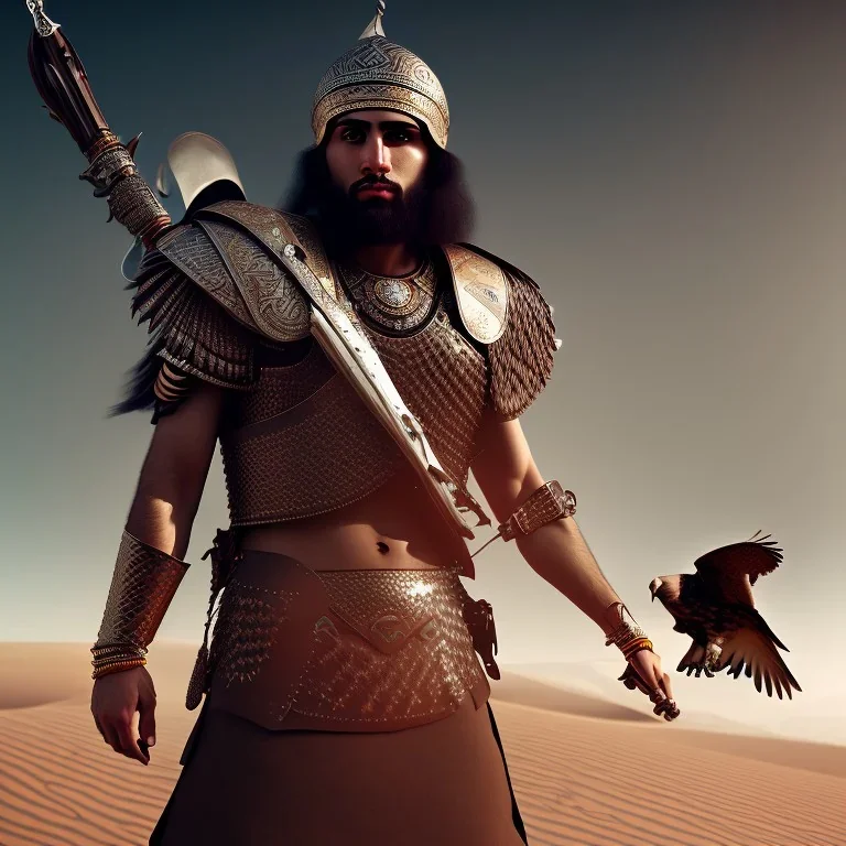 badass persian warrior in the desert with hawk on his shoulder , atmospheric, realistic, unreal engine, cinematic lighting, octane render.