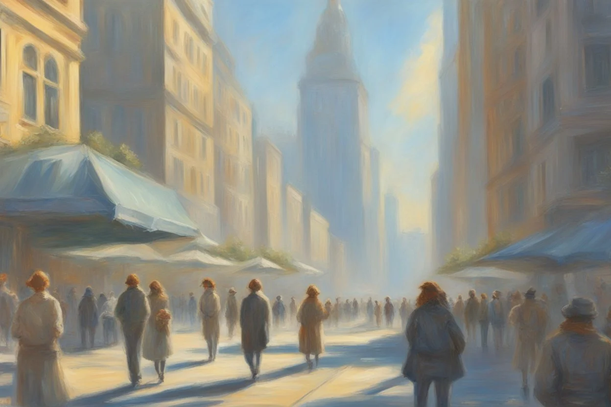 sunny day, city, sci-fi, people, epic, claude monet influence, realistic painting